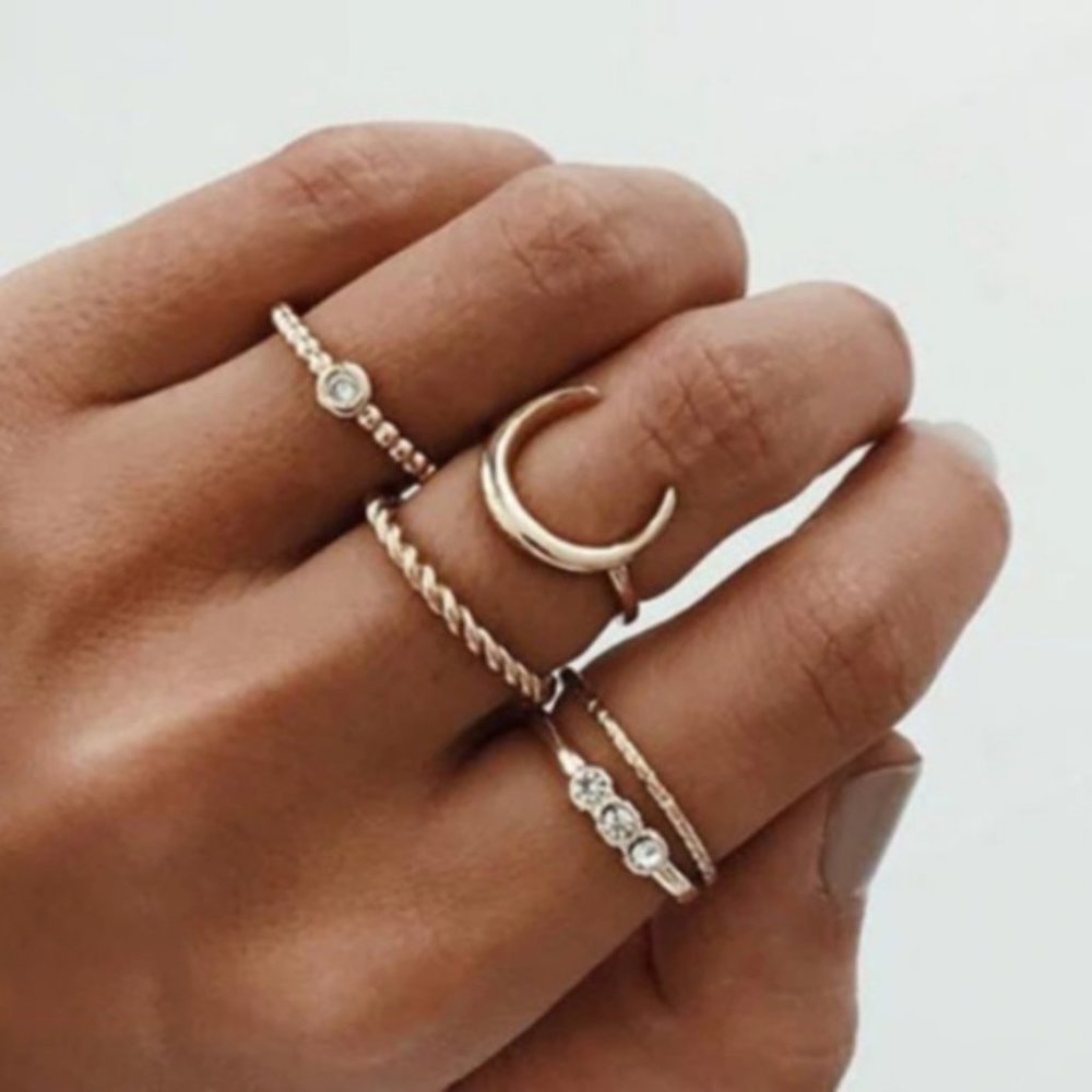 Boho 5 pcs Ring Set Crescent Moon Diamond Gold NEW